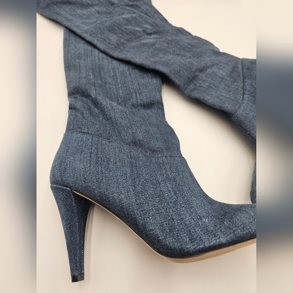 Guess Knee High Denim Stiletto Boots Size 7 | Pointed Toe Heels Y2K Retro Style - Picture 2 of 16